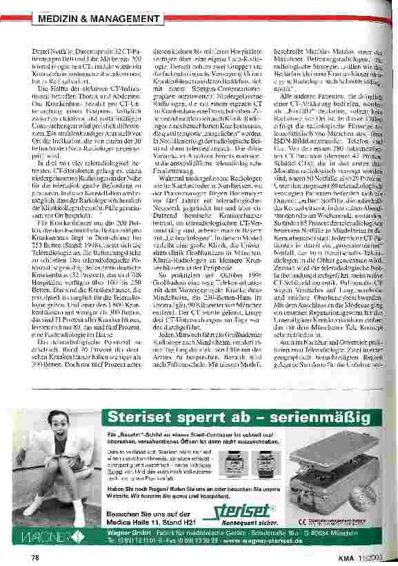 Vorschauseite 3: Medizin-Technik/Teleradiologie: Große Chanchen für kleine Krankenhäuser