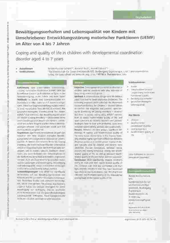 Vorschauseite 1: Bewältigungsverhalten und Lebensqualität von Kindern mit Umschriebener Entwicklungsstörung motorischer Funktionen (UEMF) im Alter von 4 bis 7 Jahren