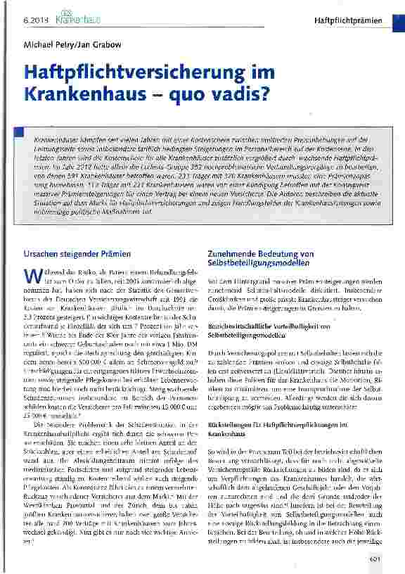 Vorschauseite 1: Haftpflichtversicherung im Krankenhaus - quo vadis?