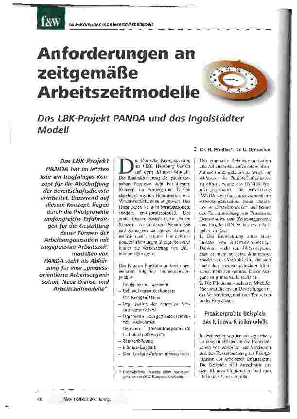 Vorschauseite 1: Anforderungen an zeitgemäße Arbeitszeitmodelle Das LBK-Projekt PANDA und das Ingolstädter Modell