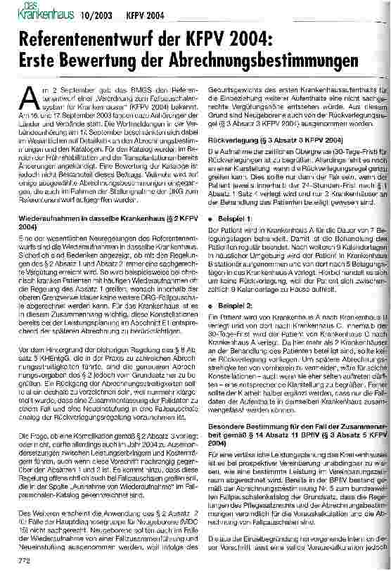Vorschauseite 1: Referentenentwurf der KFPV 2004: Erste Bewertung der Abrechnungsbestimmungen