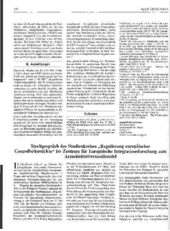 Vorschauseite 1: Streitgespräch des Studienkreises Regulierung europäischer Gesundheitsmärkte im Zentrum für Europäische Integrationsforschung zum Arzneimittelversandhandel
