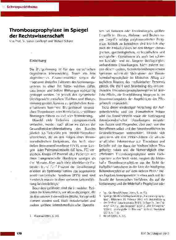 Vorschauseite 1: Thromboseprophylaxe im Spiegel der Rechtswissenschaft