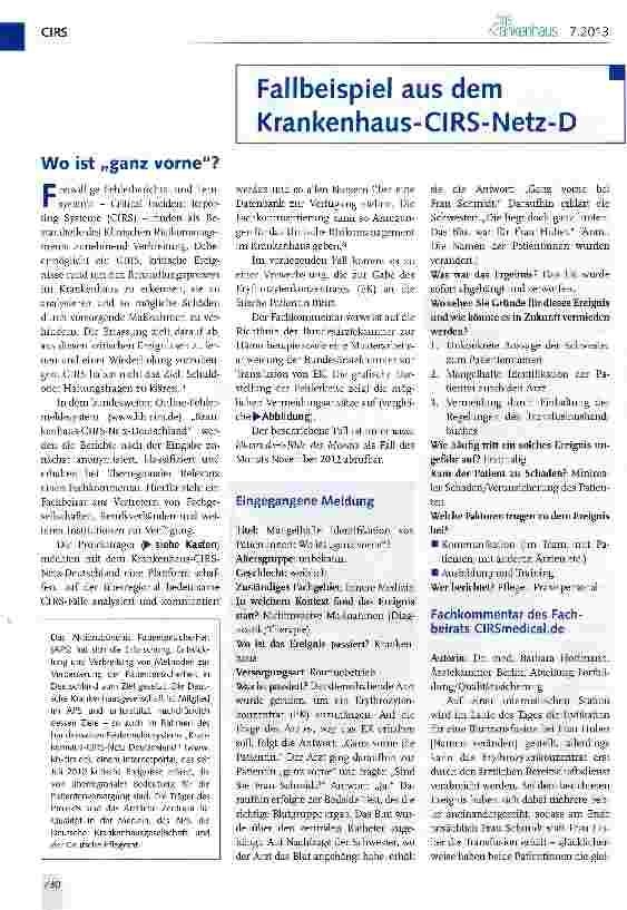 Vorschauseite 1: Fallbeispiel aus dem Krankenhaus-CIRS-Netz-D