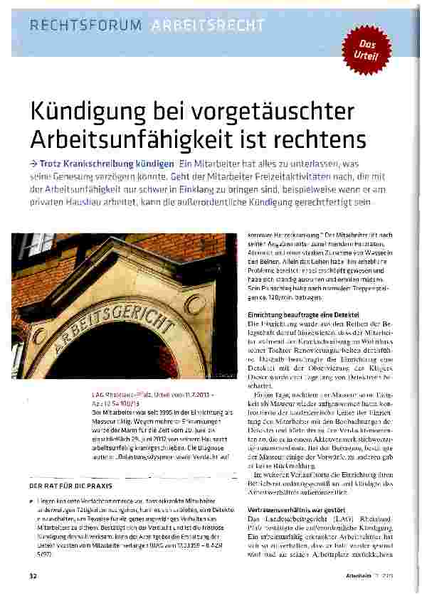 Vorschauseite 1: Kündigung bei vorgetäuschter Arbeitsunfähigkeit ist rechtens