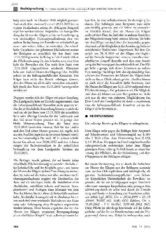 Vorschauseite 3: Zum Schmerzensgeldund Schadensersatzanspruch wegen wiederholten SturzereignissenBGB § 280 Abs. 1 i. V. m. dem Heimvertrag, § 823, § 831