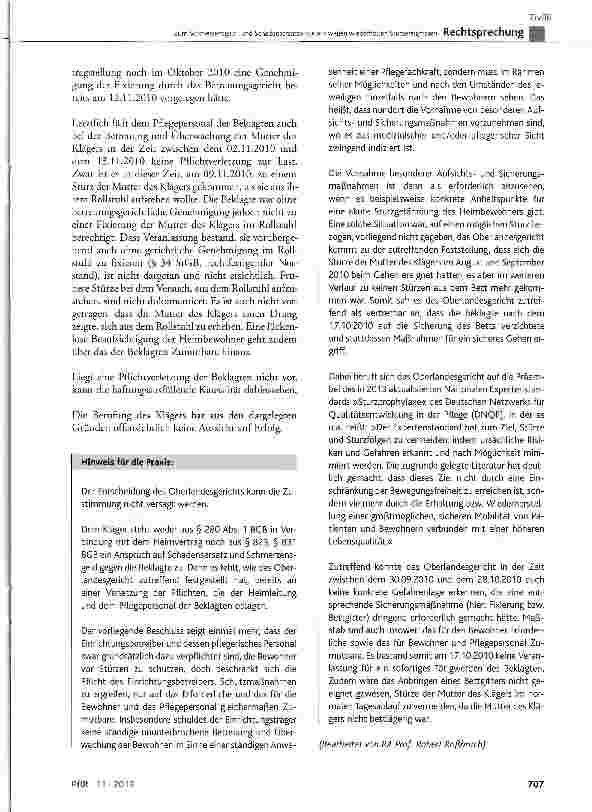 Vorschauseite 6: Zum Schmerzensgeldund Schadensersatzanspruch wegen wiederholten SturzereignissenBGB § 280 Abs. 1 i. V. m. dem Heimvertrag, § 823, § 831