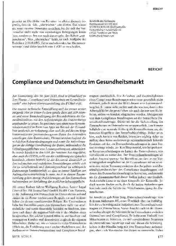 Vorschauseite 1: Compliance und Datenschutz im Gesundheitsmarkt