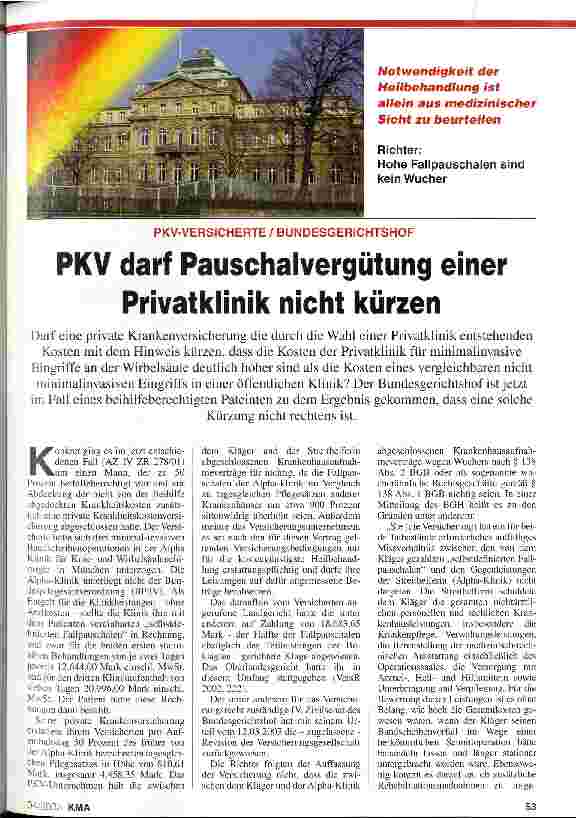 Vorschauseite 1: PKV-Versicherte/Bundesgerichtshof: PKV darf Pauschalvergütung einer Privatklinik nicht kürzen