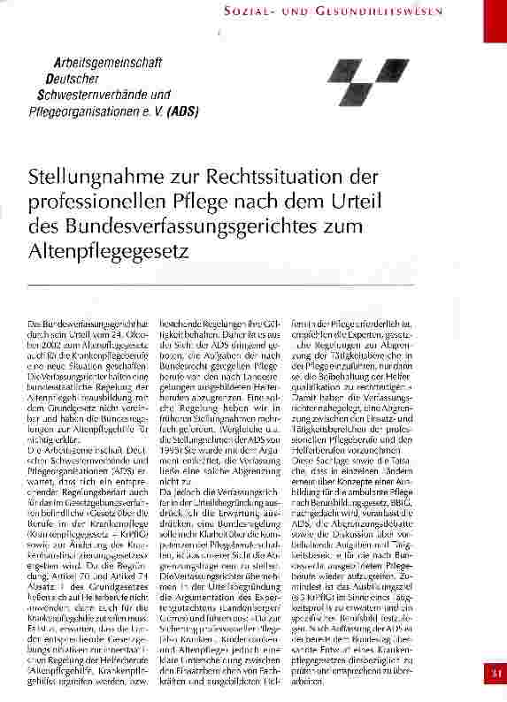 Vorschauseite 1: Stellungnahme zur Rechtssituation der professionellen Pflege nach dem Urteil des Bundesverfassungsgerichtes zum Altenpflegegesetz