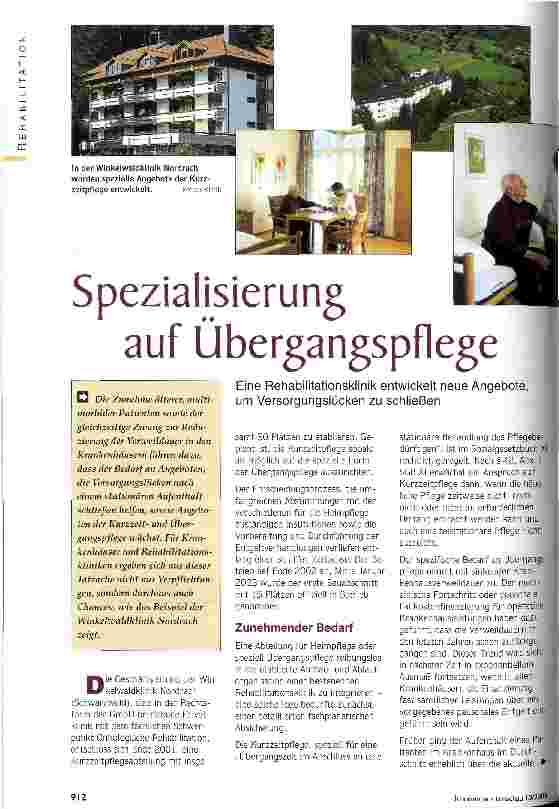 Vorschauseite 1: Spezialisierung auf Übergangspflege Eine Rehabilitationsklinik entwickelt neue Angebote, um Versorgungslücken zu schließen