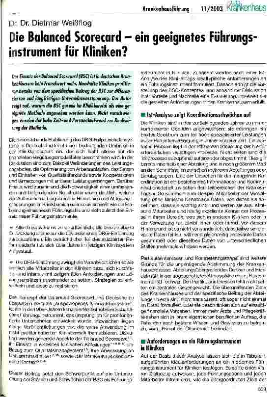 Vorschauseite 1: Die Balanced Scorecard - ein geeignetes Führungsinstrument für Kliniken?
