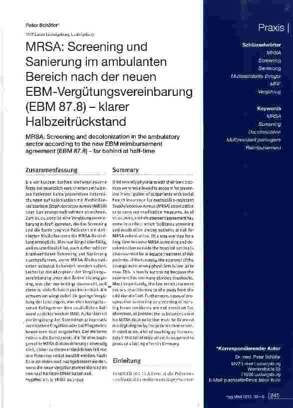 Vorschauseite 1: MRSA: Screening und Sanierung im ambulanten Bereich nach der neuen EBM-Vergütungsvereinbarung (EBM 87. 8) - klarer Halbzeitrückstand
