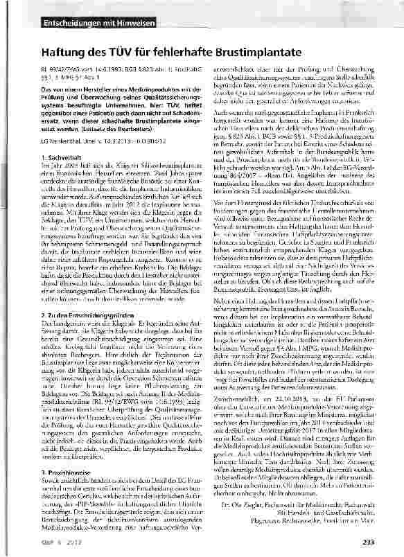 Vorschauseite 1: Haftung des TÜV für fehlerhafte Brustimplantate