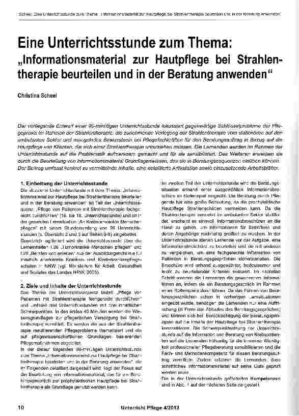 Vorschauseite 1: Eine Unterrichtsstunde zum Thema: „Informationsmaterial zur Hautpflege bei Strahlentherapie beurteilen und in der Beratung anwenden