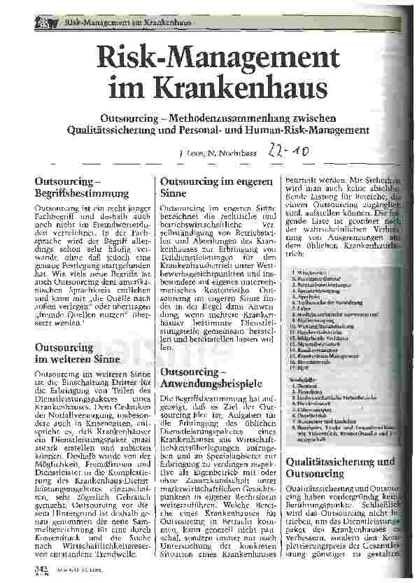Vorschauseite 1: Risk-Management im Krankenhaus Outsourcing(O) - Methodenzusammenhang zw. Qualitätssicherung(Q), Personal(P)- und Human-Risk-Management(R)