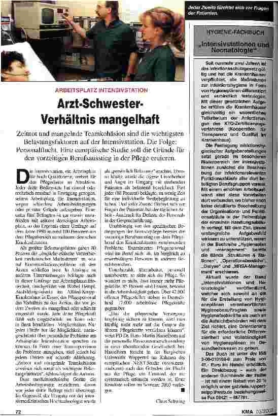 Vorschauseite 1: Arzt-Schwester-Verhältnis mangelhaft Arbeitsplatz Intensivstation