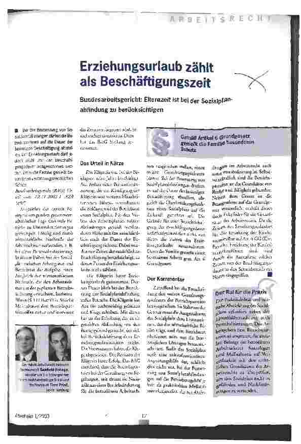 Vorschauseite 1: Erziehungsurlaub zählt als Beschäftigungszeit