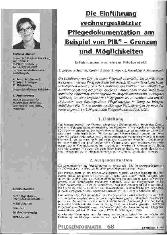 Vorschauseite 1: Die Einführung rechnergestützter Pflegedokumentation am Beispiel von PIK - Grenzen und Möglichkeiten Erfahrungen aus einem Pilotprojekt