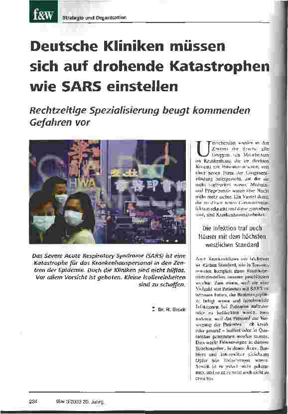 Vorschauseite 1: Deutsche Kliniken müssen sich auf drohende Katastrophen sie SARS einstellen Rechtzeitige Spezialisierung beugt kommenden Gefahren vor