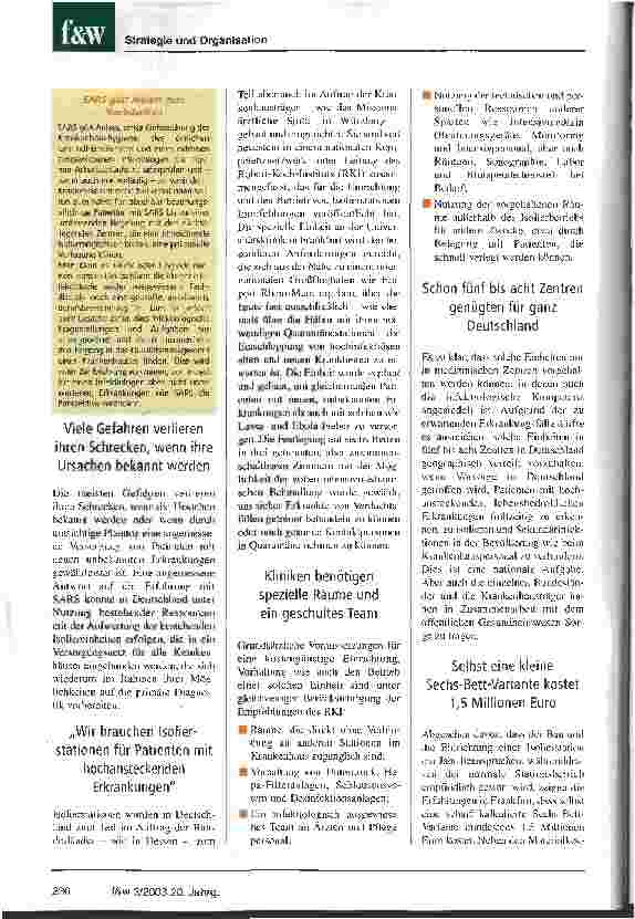 Vorschauseite 3: Deutsche Kliniken müssen sich auf drohende Katastrophen sie SARS einstellen Rechtzeitige Spezialisierung beugt kommenden Gefahren vor