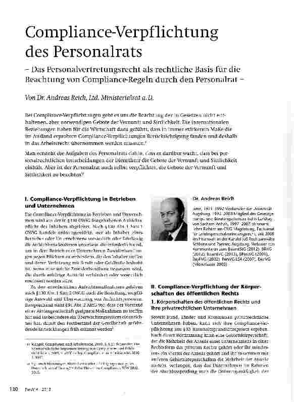 Vorschauseite 1: Compliance-Verpflichtung des Personalrats - Das Personalvertretungsrecht als rechtliche Basis für die Beachtung von Compliance-Regeln durch den Personalrat -