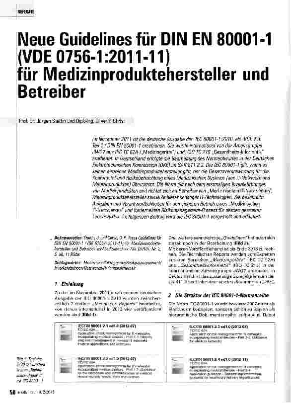 Vorschauseite 1: Neue Guidelines für DIN EN 80001-1 VDE 0756-1:2011-11 Hersteller und für Medizinprodukte Betreiber
