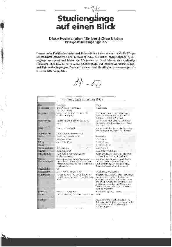 Vorschauseite 1: Studiengänge auf einen Blick Diese Hochschulen/Universitäten bieten Pflegestudiengänge an