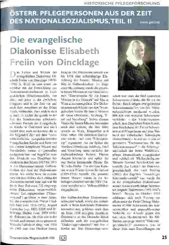 Vorschauseite 1: Österr. Pflegepersonen aus der Zeit des Nationalsozialismus, Teil 2 Die evangelische Diakonisse Elisabeth Freiin von Dincklage