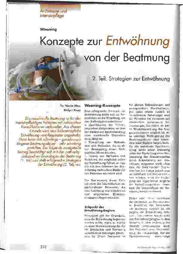 Vorschauseite 1: Konzepte zur Entwöhnung von der Beatmung 2. Teil: Strategien zur Entwöhnung