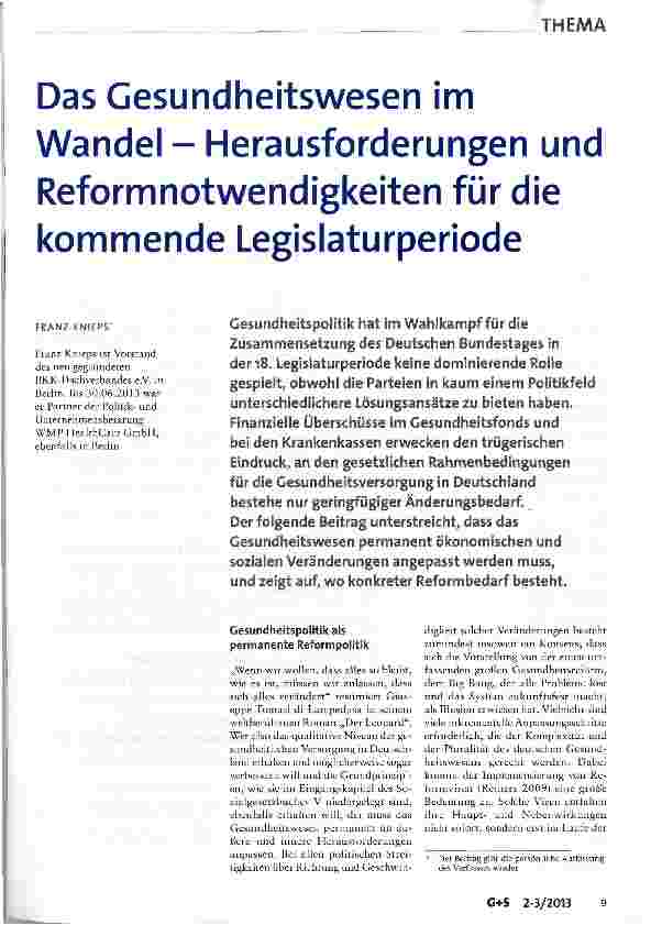 Vorschauseite 1: Das Gesundheitswesen im Wandel - Herausforderungen und Reformnotwendigkeiten für die kommende Legislaturperiode