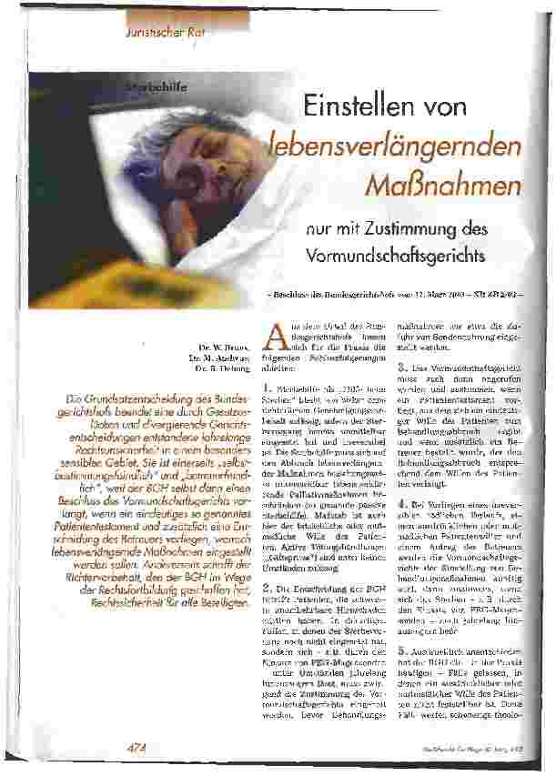 Vorschauseite 1: Einstellen von lebensverlängernden Maßnahmen nur mit Zustimmung des Vormundschaftsgerichts