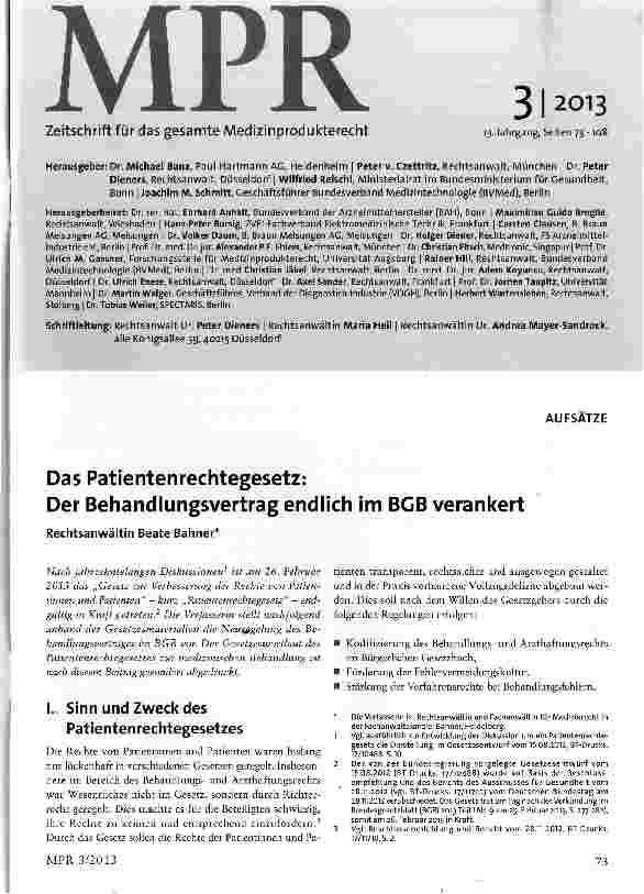 Vorschauseite 1: Das Patientenrechtegesetz: Der Behandlungsvertrag endlich im BGB verankert