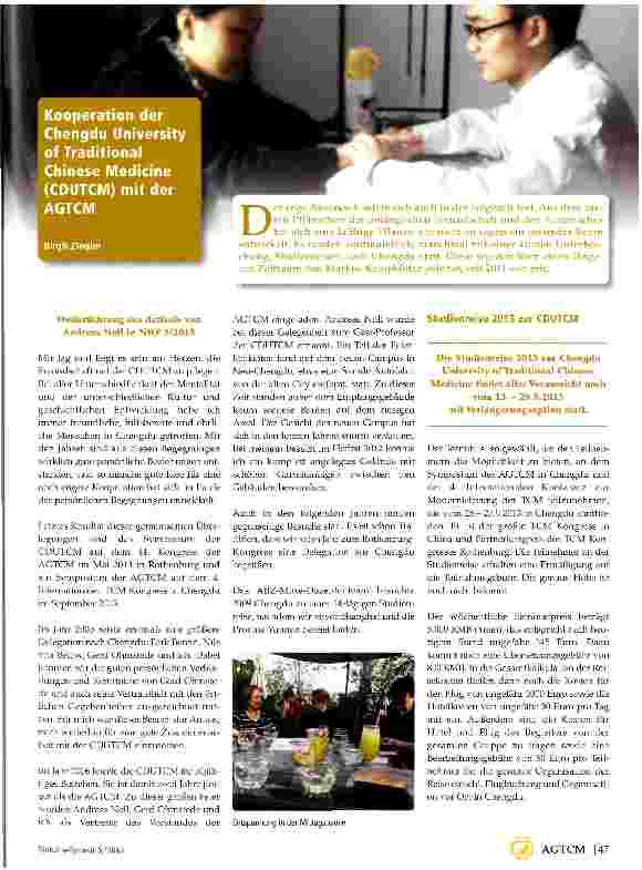 Vorschauseite 1: Kooperation der Cehngdu University od Traditional Chinese Medicine mit der AGTCM