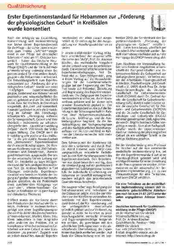 Vorschauseite 1: Erster Expertinnenstandard für Hebammen zur „Förderung der physiologischen Geburt in Kreißsälen wurde konsentiert