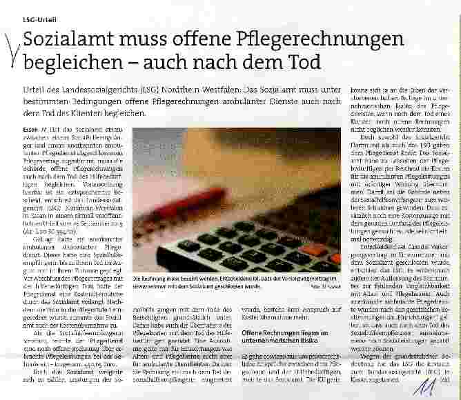 Vorschauseite 1: Sozialamt muss offene Pflegerechnungen begleichen - auch nach dem Tod