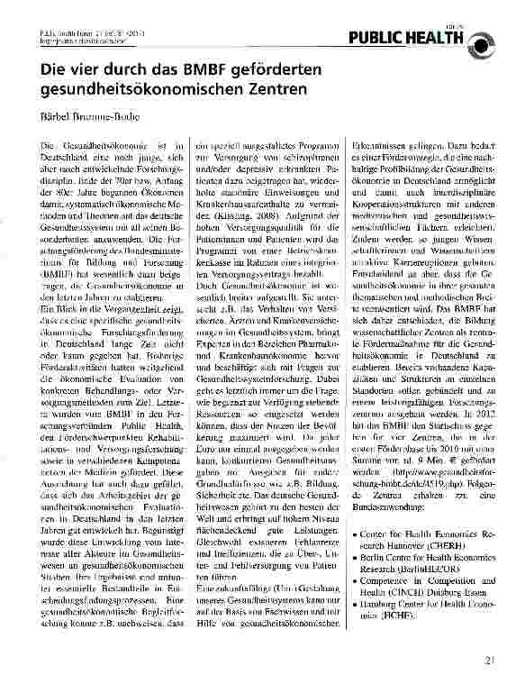 Vorschauseite 1: Die vier durch das BMBF geförderten gesundheitsökonomischen Zentren