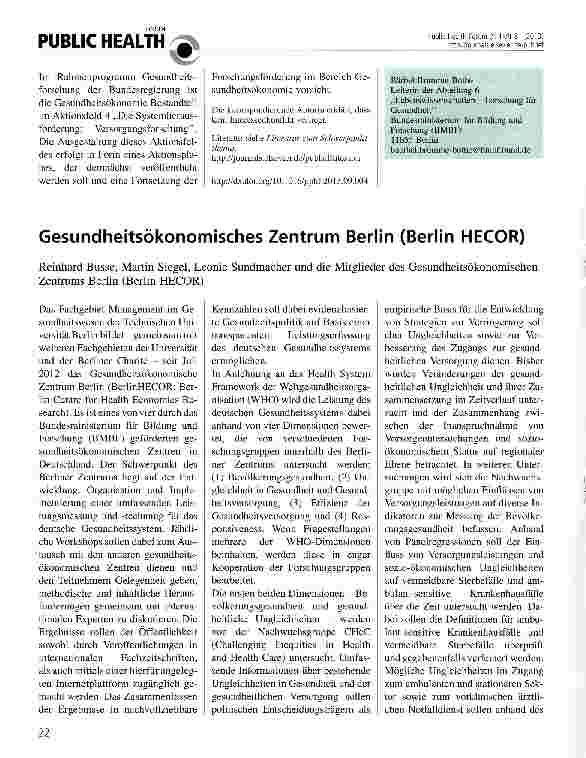 Vorschauseite 2: Die vier durch das BMBF geförderten gesundheitsökonomischen Zentren