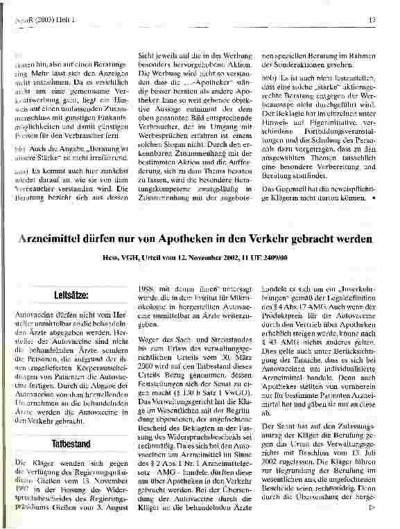 Vorschauseite 1: Arzneimittel dürfen nur von Apotheken in den Verkehr gebracht werden Hess. VGH, Urteil vom 12. November 2002