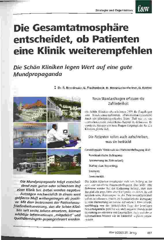 Vorschauseite 1: Die Gesamtatmosphäre entscheidet, ob Patienten eine Klinik weiterempfehlen Die Schön Kliniken legen Wert auf eine gute Mundpropaganda