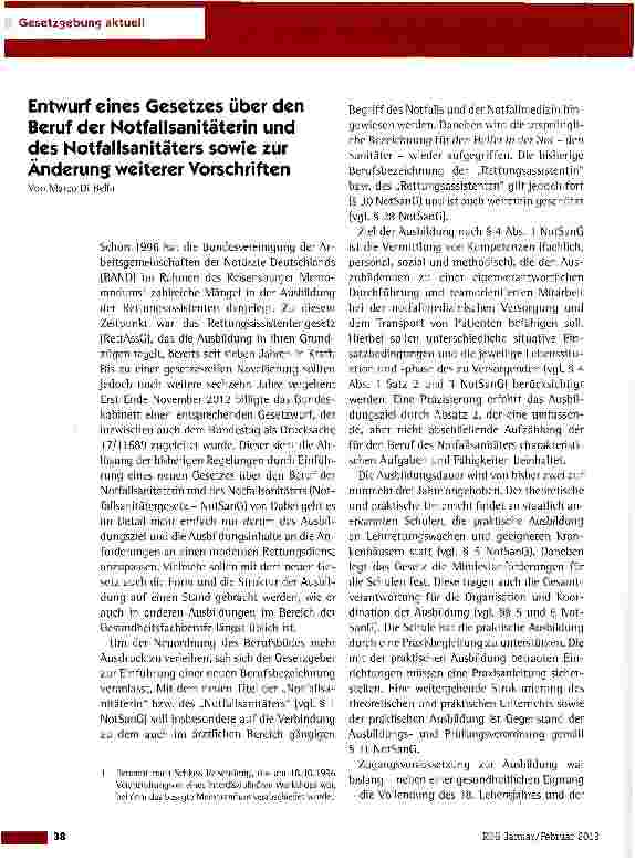 Vorschauseite 1: Entwurf eines Gesetzes über den Beruf der Notfallsanitäterin und des Notfallsanitäters sowie zur Änderung weiterer Vorschriften