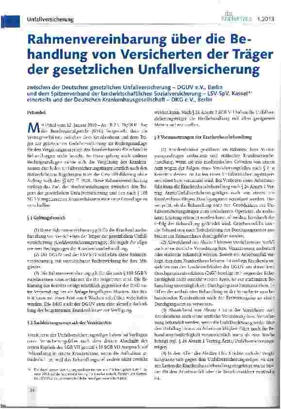 Vorschauseite 1: Rahmenvereinbarung über die Behandlung von Versicherten der Träger der gesetzlichen Unfallversicherung
