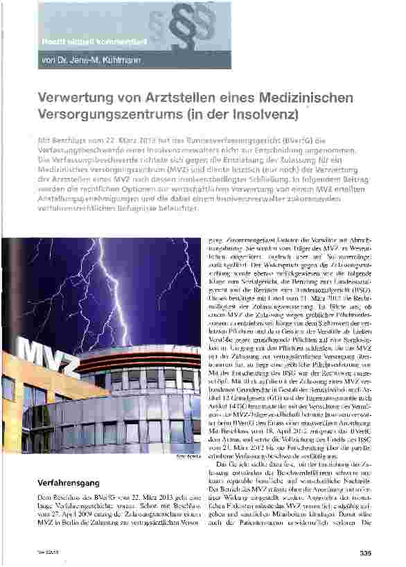 Vorschauseite 1: Verwertung von Arztstellen eines Medizinischen Versorgungszentrums (in der Insolvenz)