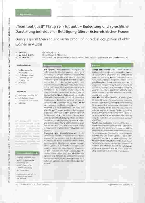 Vorschauseite 1: „Tuan tuat guat! [Tätig sein tut gut!] Bedeutung und sprachliche Darstellung individueller Betätigung älterer österreichischer Frauen