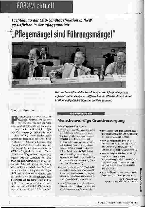 Vorschauseite 1: Pflegemängel sind Führungsmängel Fachtagung der CDU-Landtagsfraktion in NRW zu Defiziten in der Pflegequalität