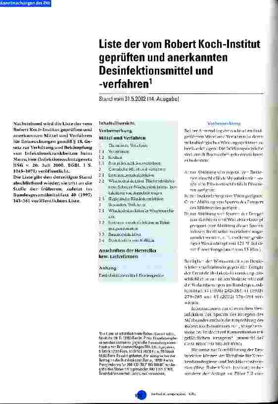 Vorschauseite 1: Liste der vom Robert-Koch-Institut geprüften und anerkannten Desinfektionsmittel und -verfahren Stand vom 31.5.2002 (14. Ausgabe)