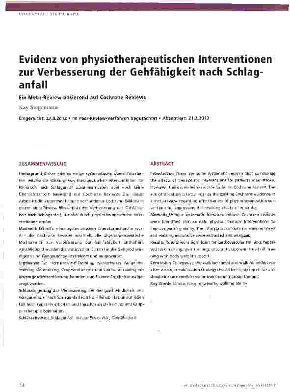 Vorschauseite 1: Evidenz von physiotherapeutischen Interventionen zur Verbesserung der Gehfähigkeit nach Schlaganfall