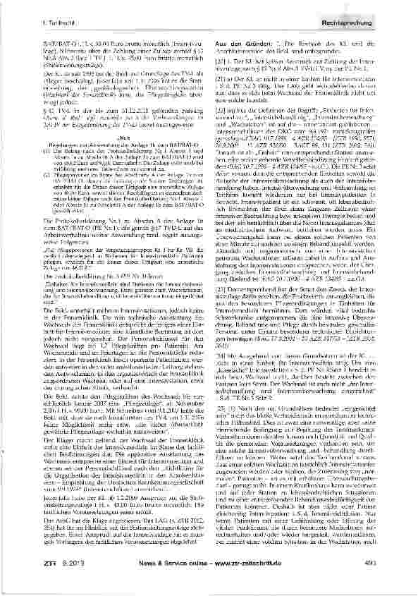 Vorschauseite 2: Intensivzulage nach TV-L - Wachsaal der Frauenklinik als Einheit für Intensivmedizin - Stati-onsleitungszulage nach TV-L TV-L §43 Nr. 8 Abs.1, Abs. 2 Satz 1; Protokollerklärungen…
