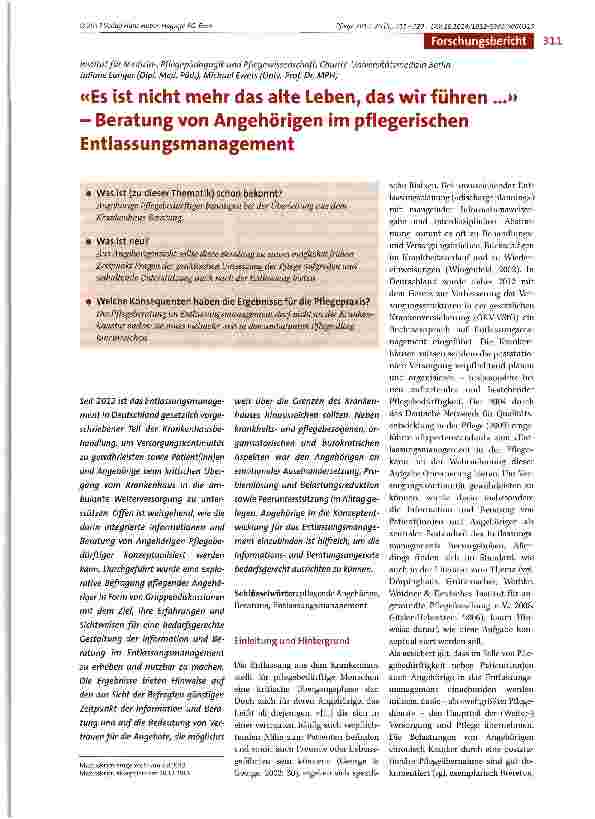Vorschauseite 1: «Es ist nicht mehr das alte Leben, das wir führen ...» - Beratung von Angehörigen im pflegerischen Entlassungsmanagement