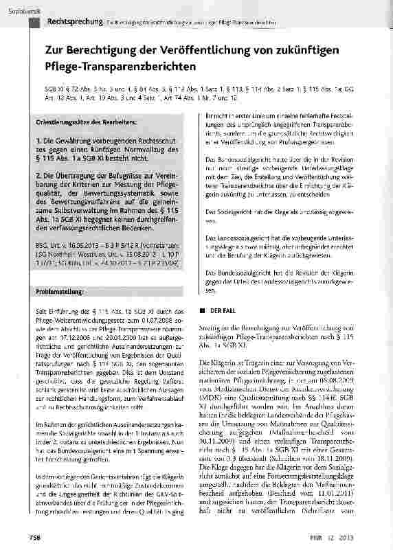 Vorschauseite 1: Zur Berechtigung der Veröffentlichung von zukünftigen Pflege-Transparenzberichten